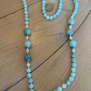 Vintage Chinese Light Green Hand Knotted Jade & Silver Bead Necklace 31" Long